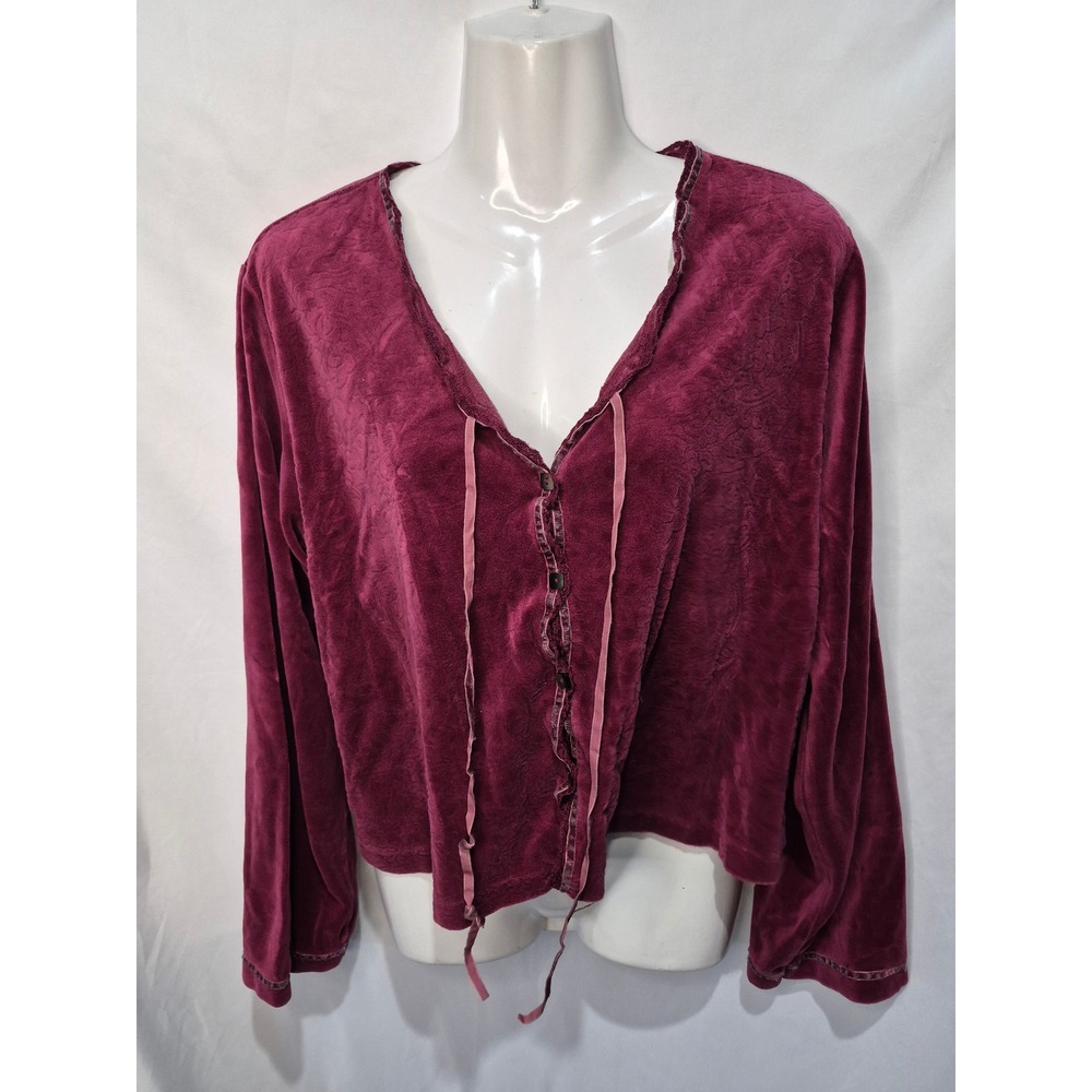 Victorias Secret Country Vintage Velour Cardigan Top Burgundy Lace Trim Large